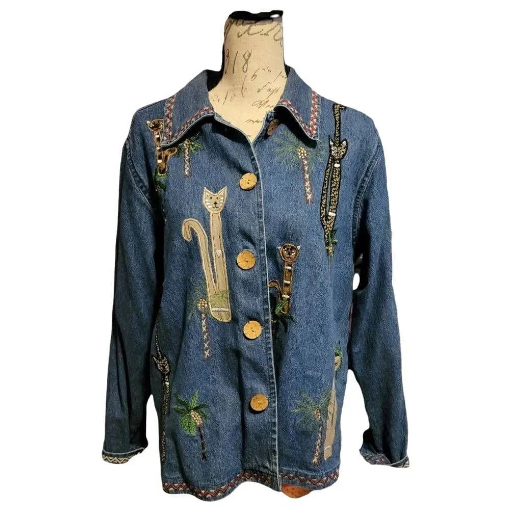 New Directions Ladies Vintage Embroidered Denim Cat Jacket - Size Medium